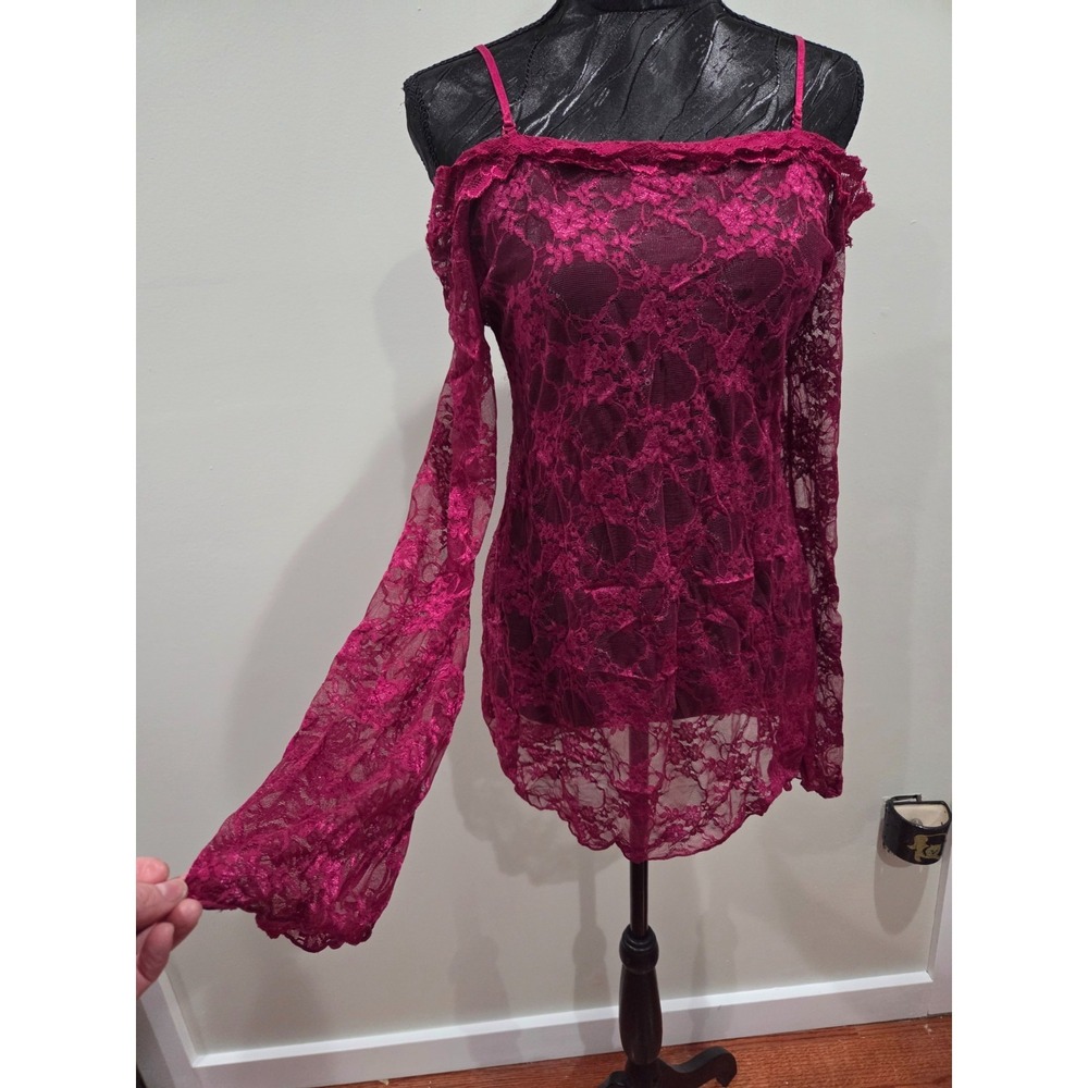 Dreamgirl Magenta Dark Pink Sheer Lace Bell Sleeve Y2K Coquette Top Lingerie LG